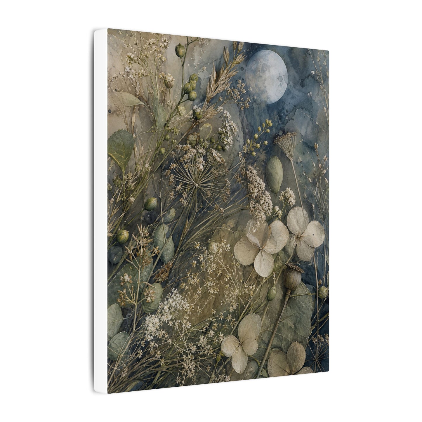 Japandi Dried Flowers in Moonlight | Watercolor Canvas Art