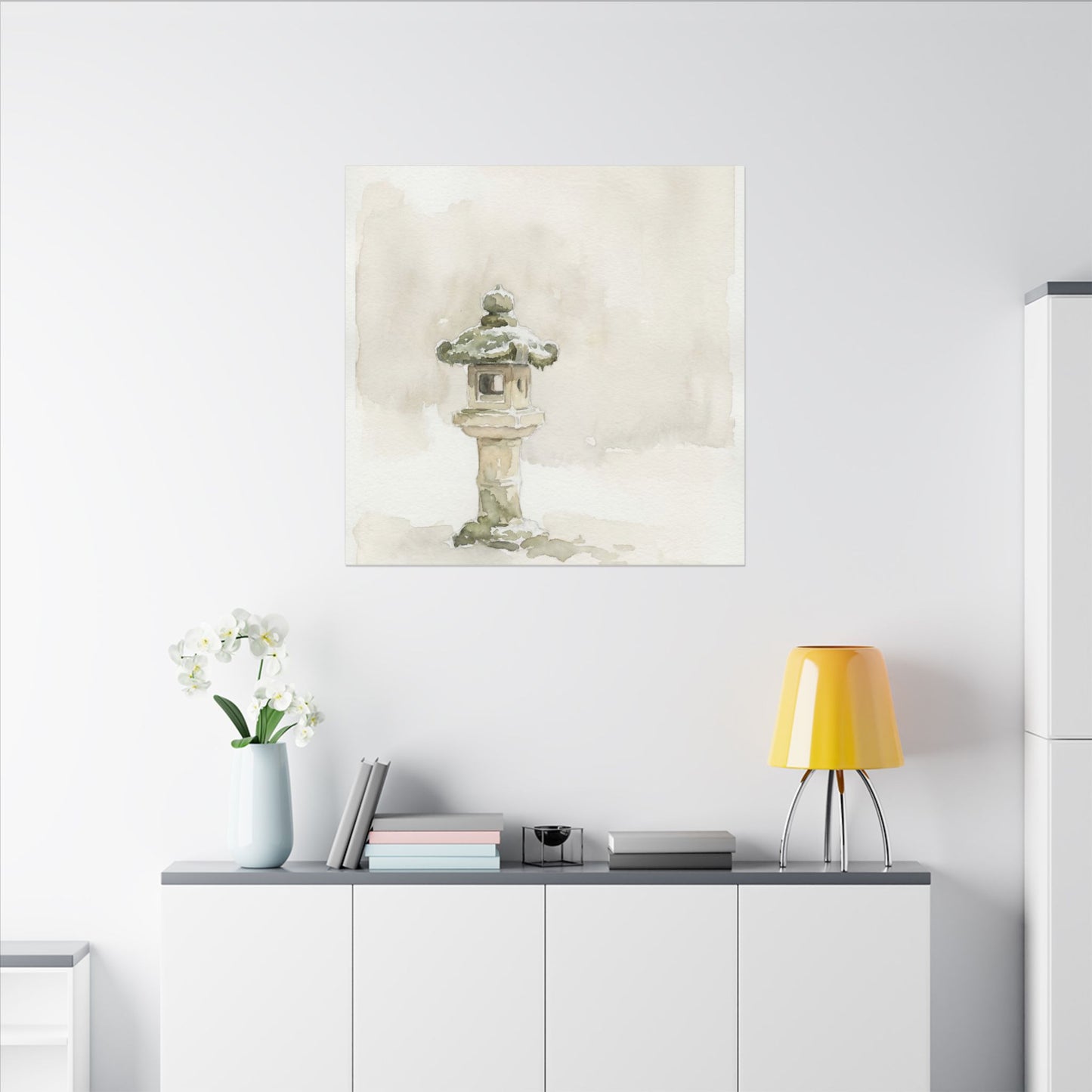 Stone Lantern Winter Canvas Art | Japandi Earthy Design