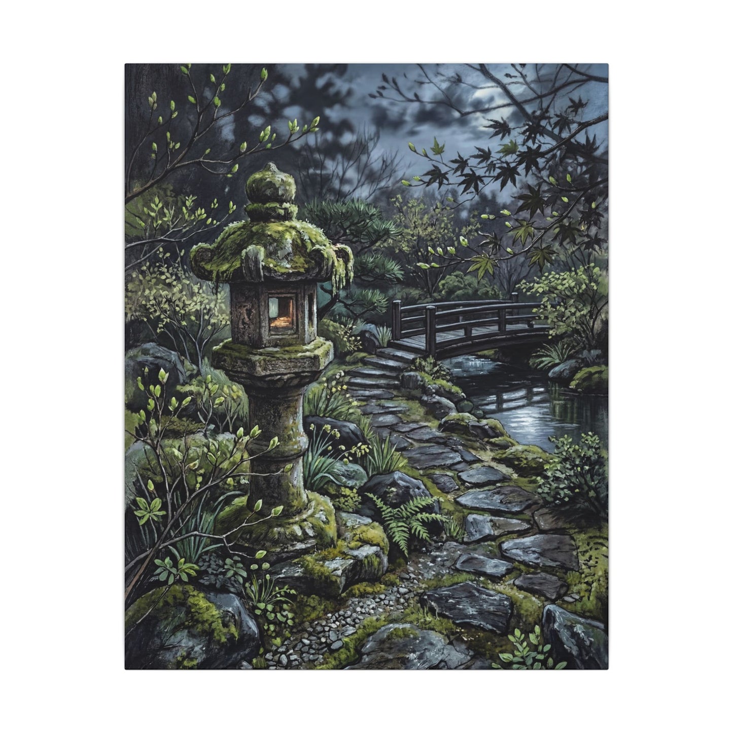 Japandi Stone Lantern in Moonlight | Texture Canvas Art
