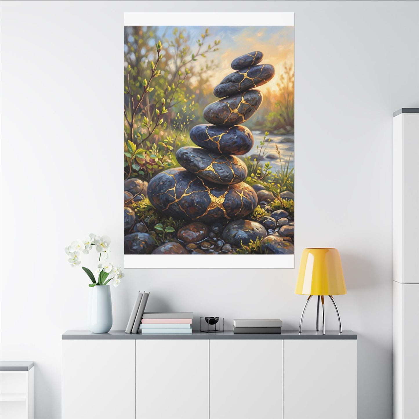 Spring River Stones Gold Repair Canvas Art | Healing Decor