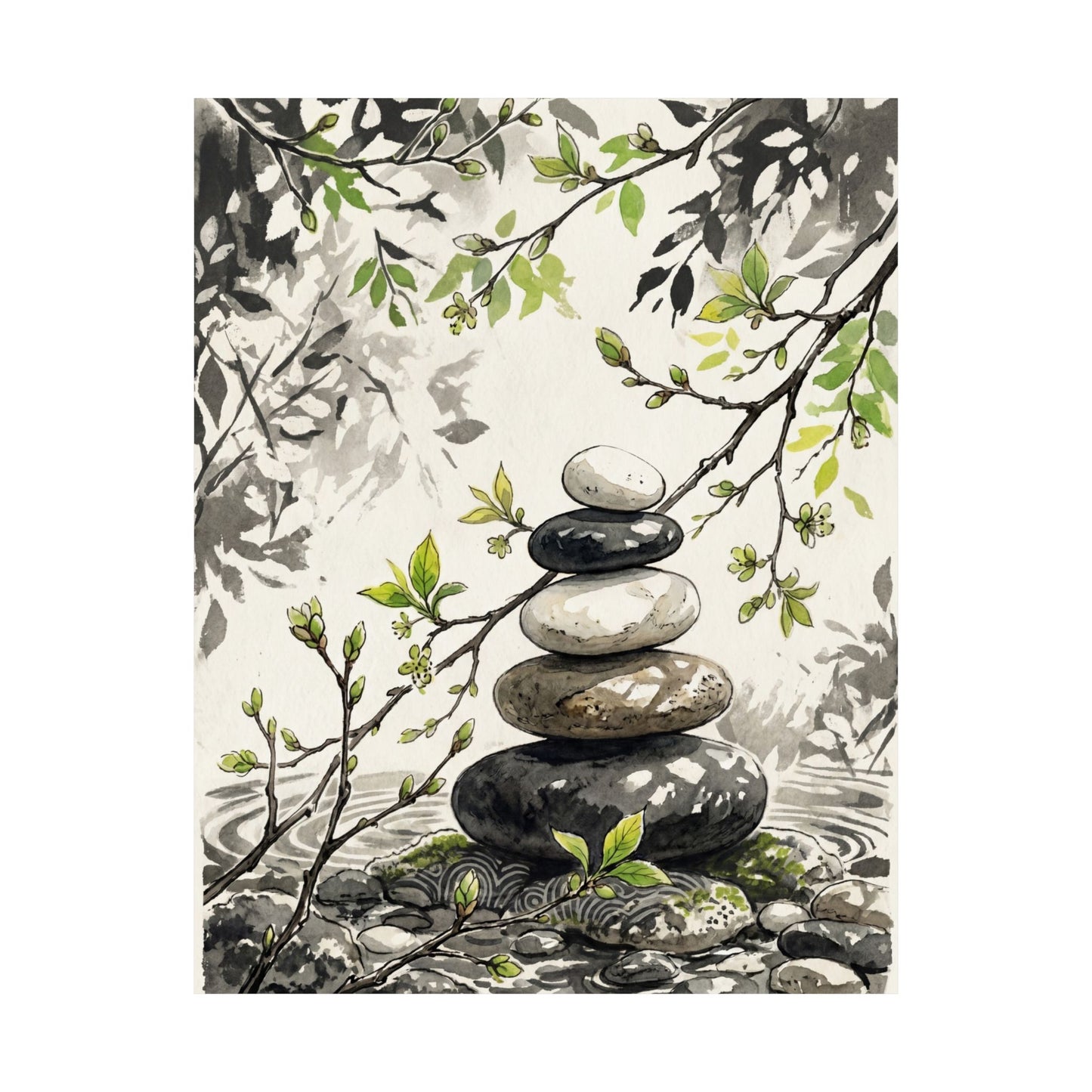 River Stones Spring Wall Art Print | Japandi Warm Design