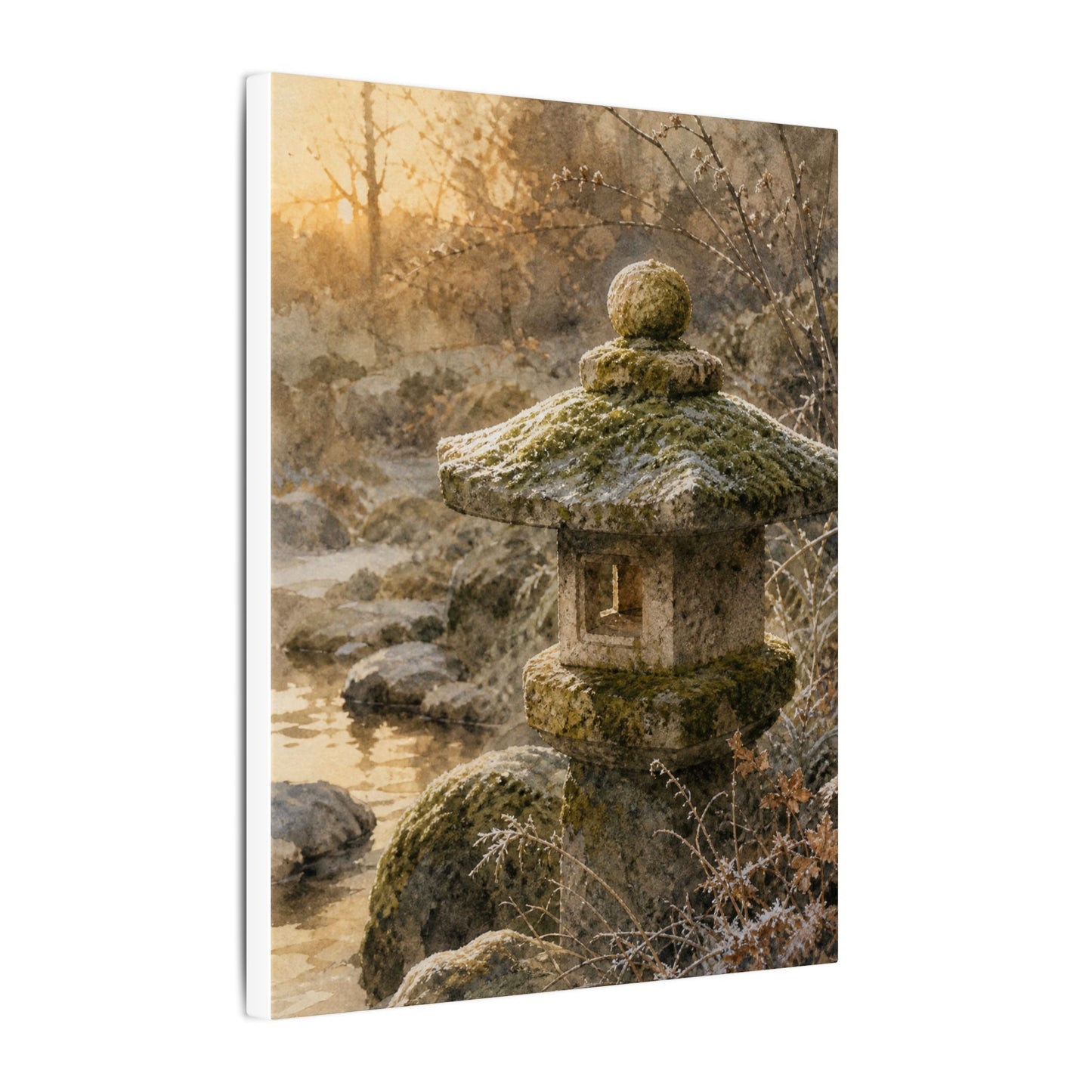 Winter Stone Lantern Watercolor Canvas Art | Earthy Decor
