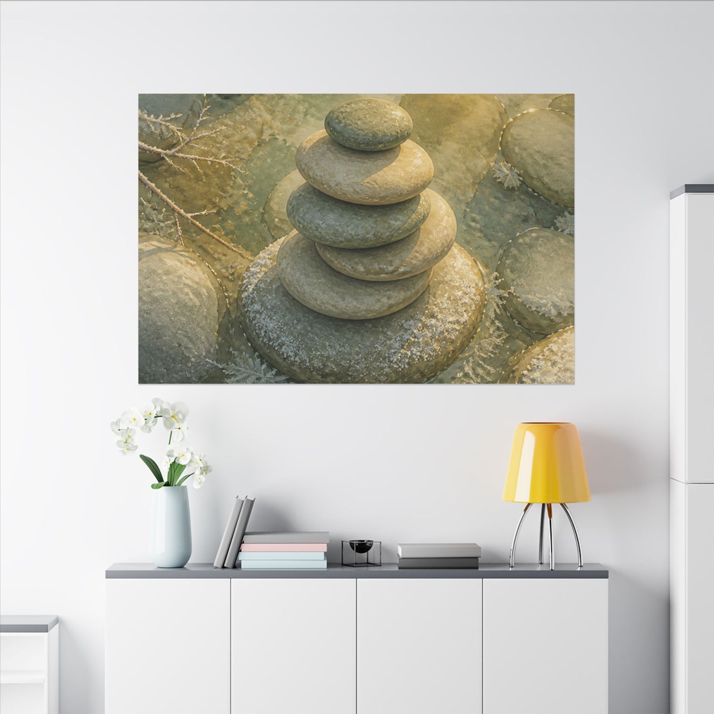 River Stones Watercolor Canvas Art | Elegant Japandi Art