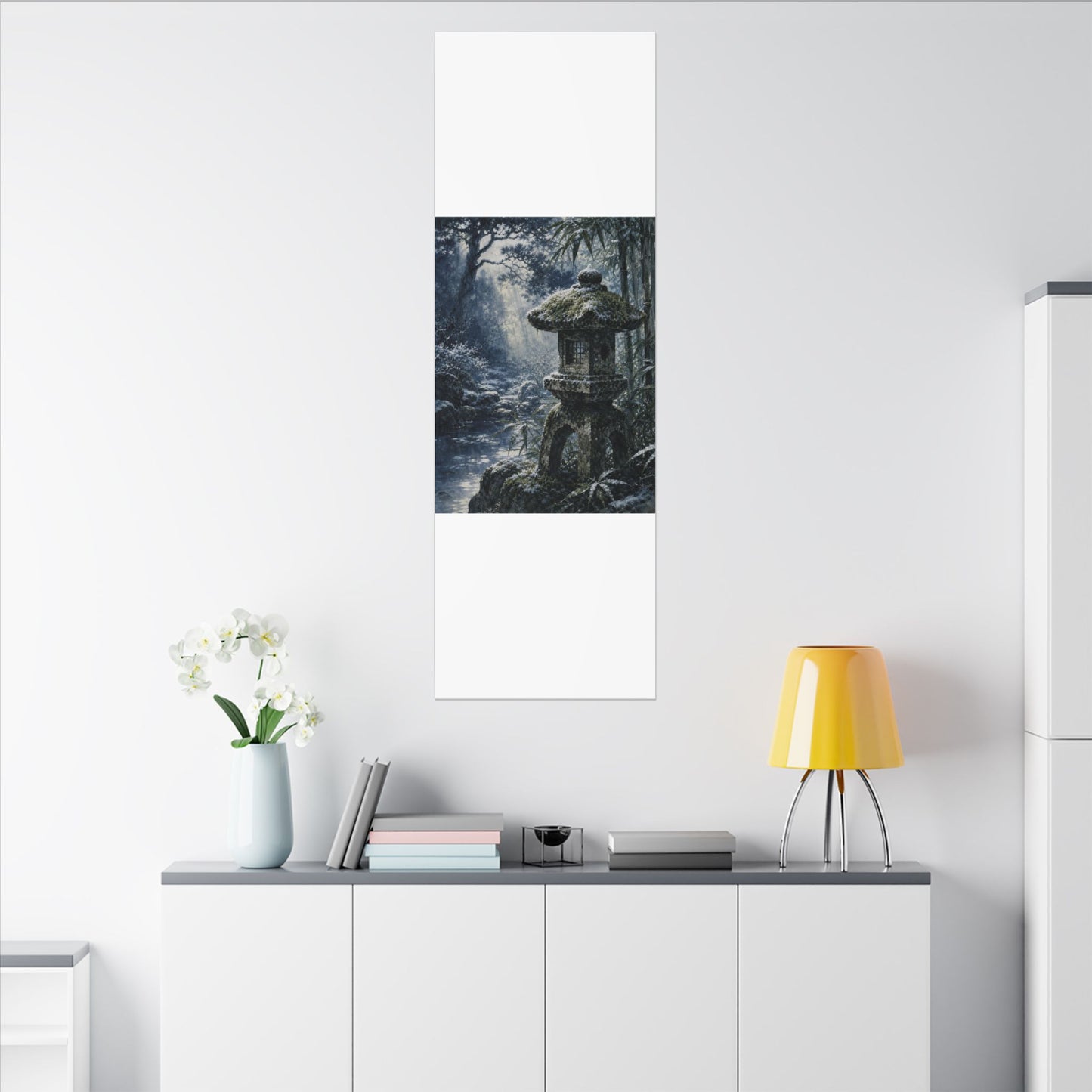 Zen Stone Lantern in Dappled | Sumi E Canvas Art