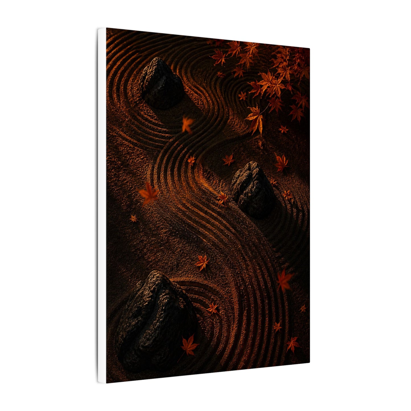 Dark Japandi Rock Garden in Golden Hour | Charcoal Ink Canvas Art