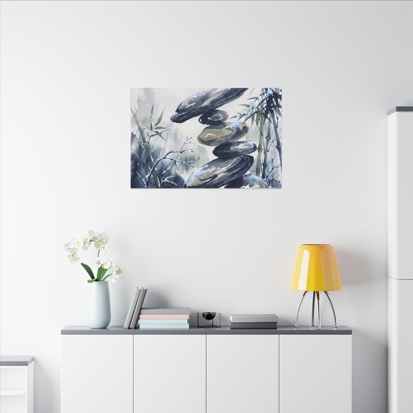 Zen River Stones in Moonlight | Sumi E Canvas Art