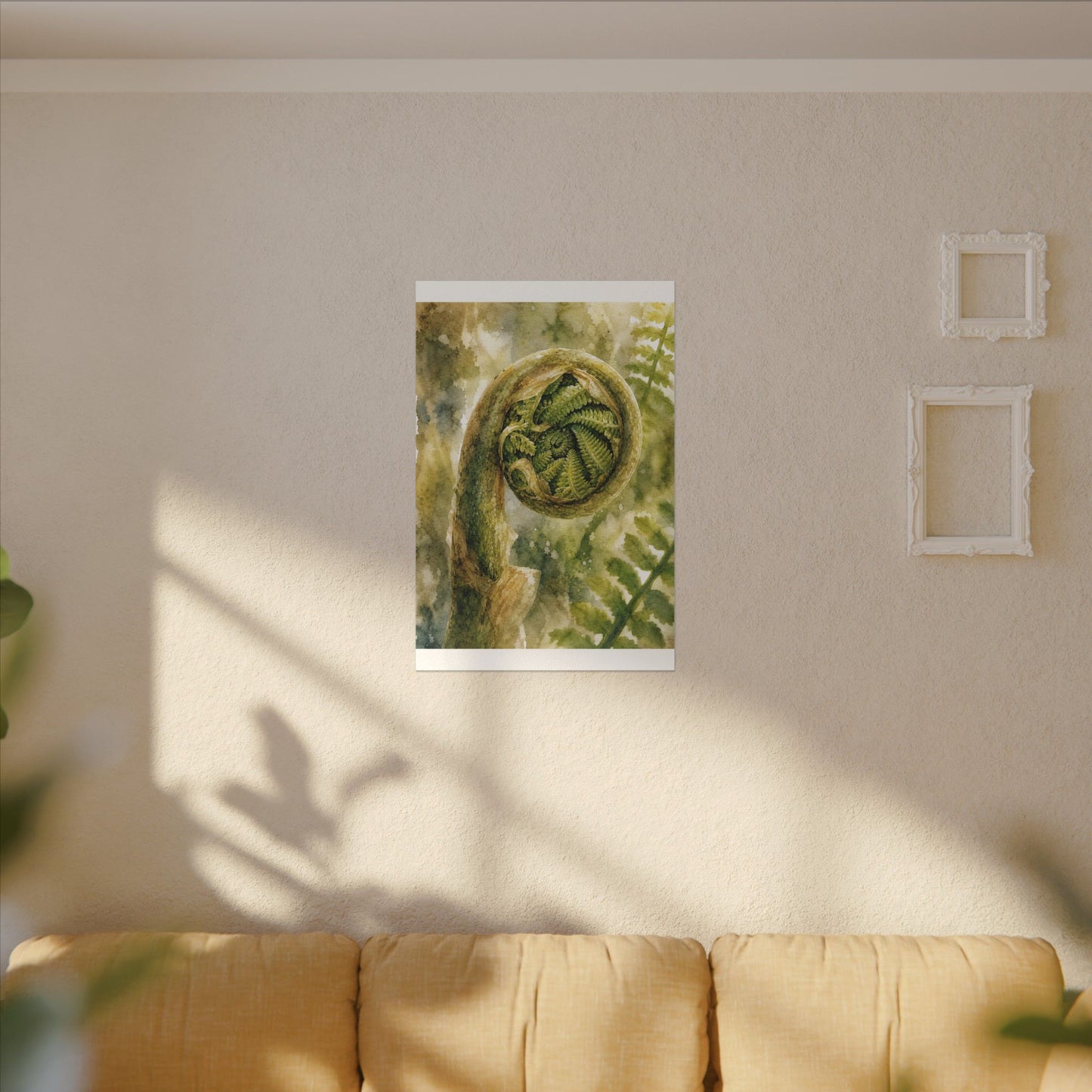 Japandi Fern Unfurling in Dappled | Watercolor Canvas Art