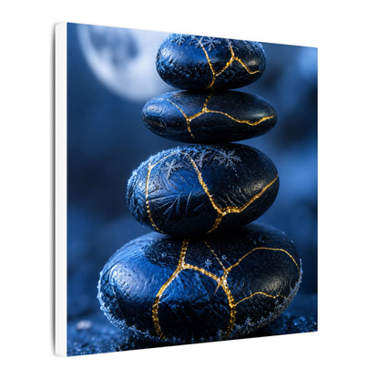 River Stones Canvas Art | Winter Kintsugi Gold Repair Art