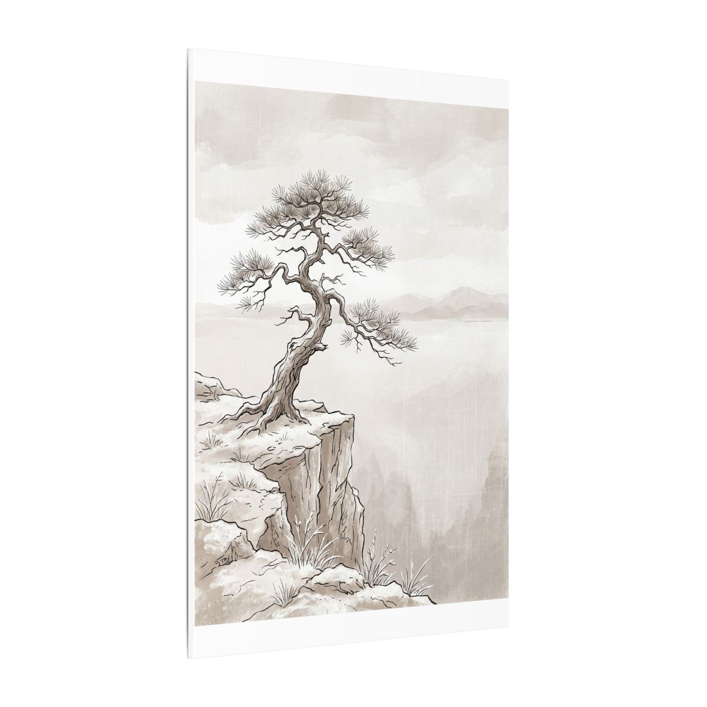 Neutral Pine Tree Canvas Art - Minimal Line Japandi