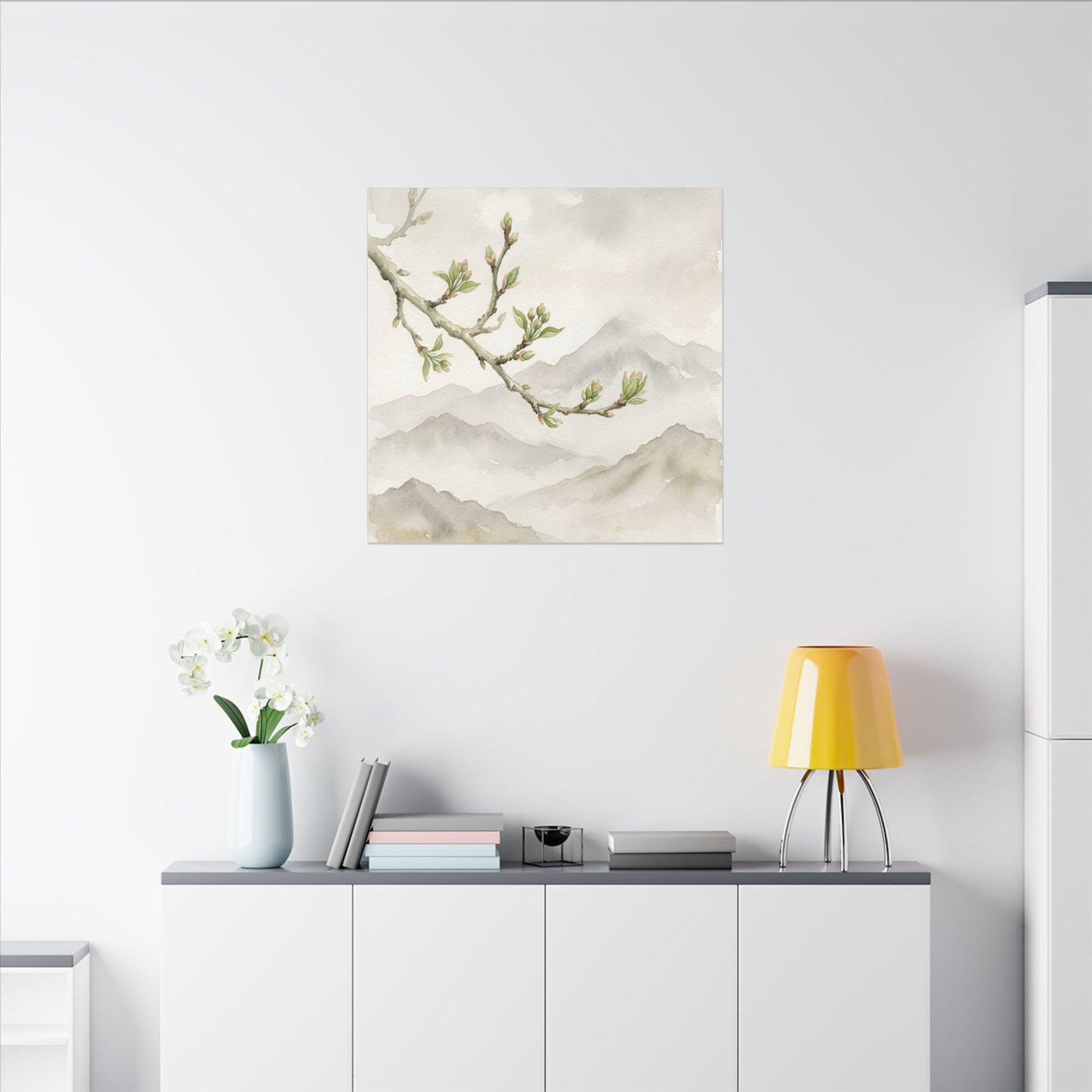 Spring Mountain Mist Watercolor Canvas Art | Cozy Decor