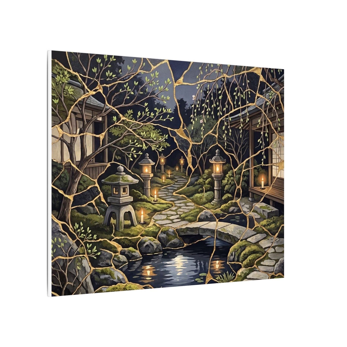 Kintsugi Moonlit Garden in Candlelight | Gold Vein Canvas Art