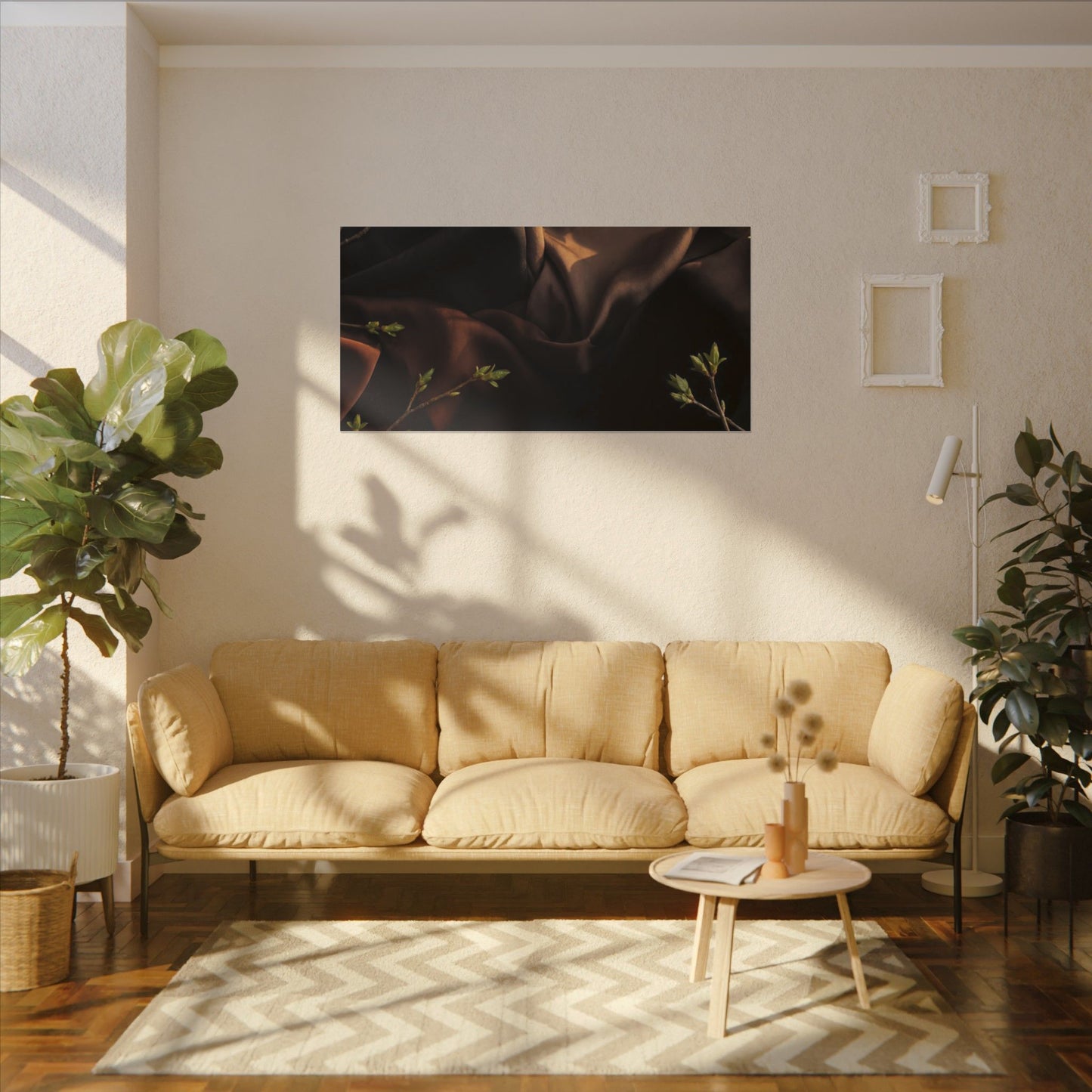 Dark Japandi Silk Drape in Golden Hour | Moody Minimal Canvas Art