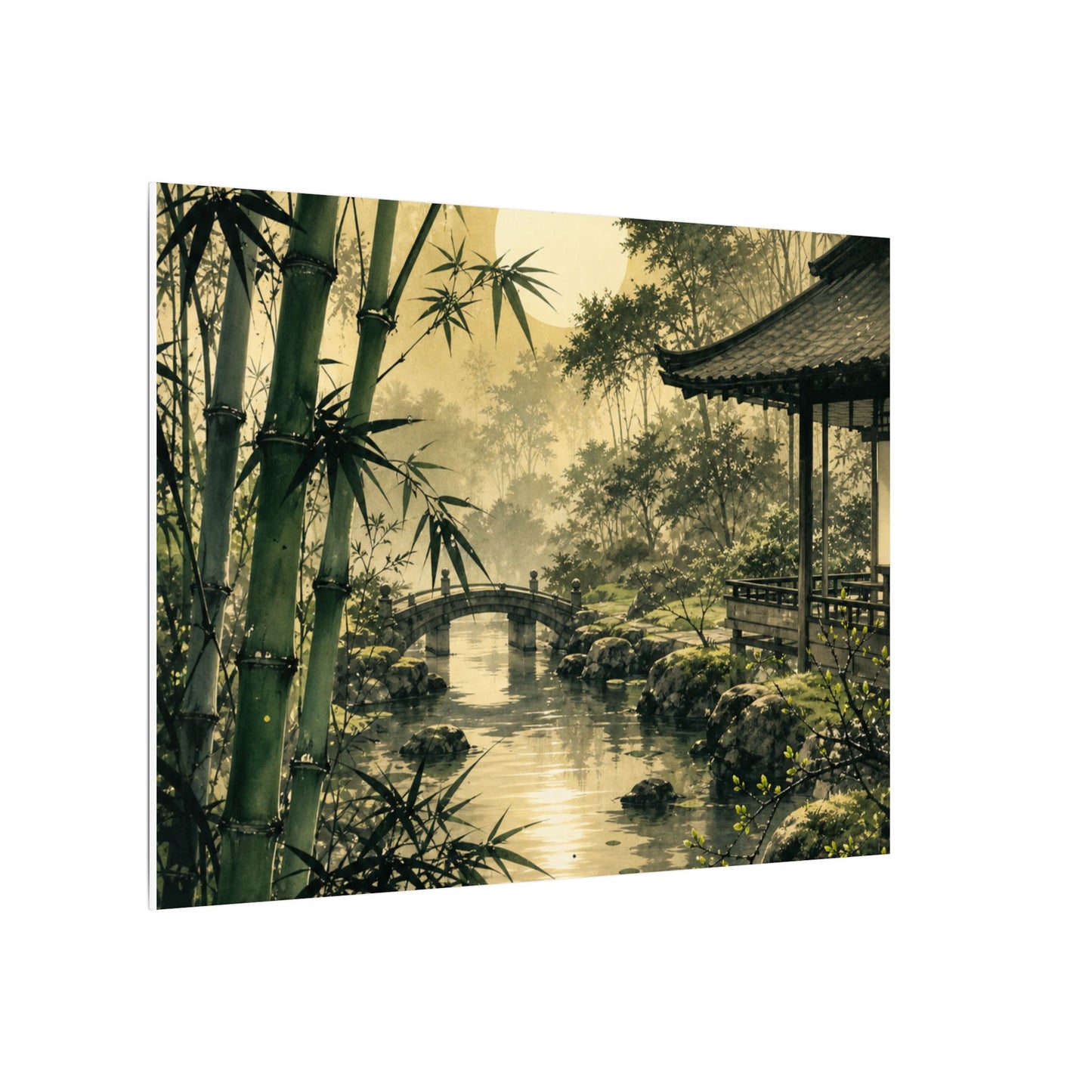 Moonlit Garden Sumi E Canvas Art | Calm Zen Art