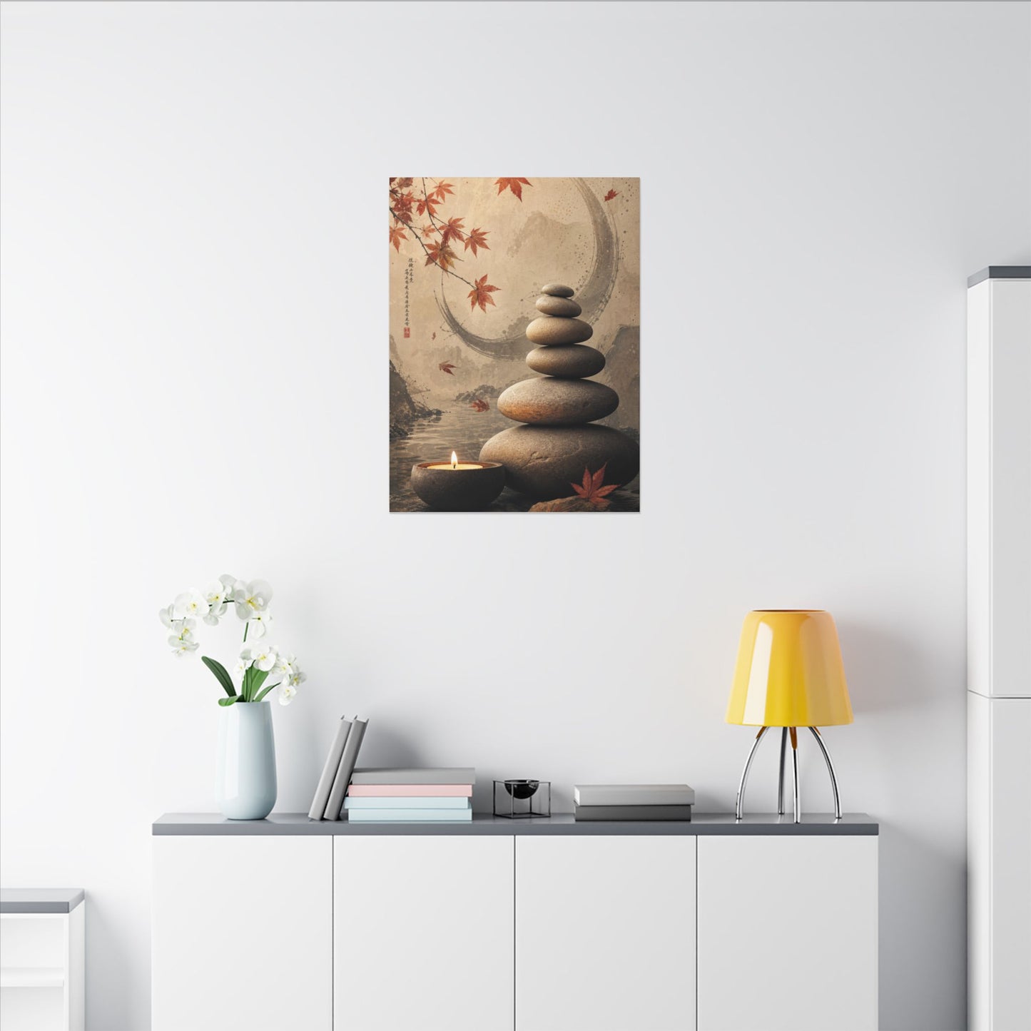 Japandi River Stones in Candlelight | Japanese Pattern Canvas Art