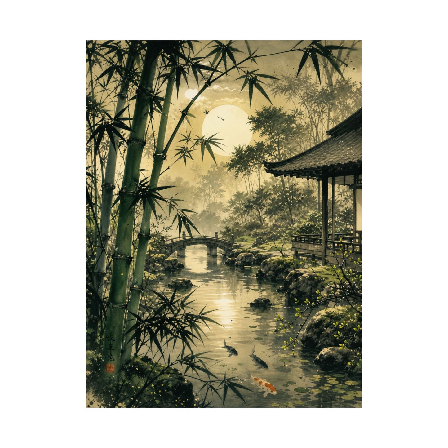 Datsuzoku Moonlit Garden Wall Art Print - Zen Sumi E