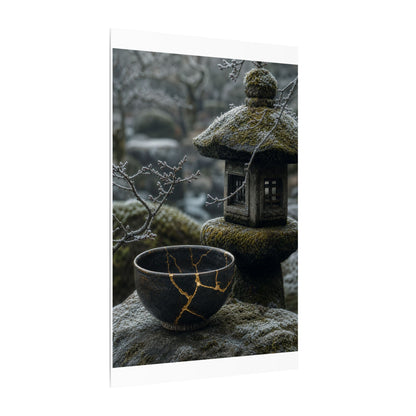 Stone Lantern Canvas Art | Winter Kintsugi Gold Repair Art