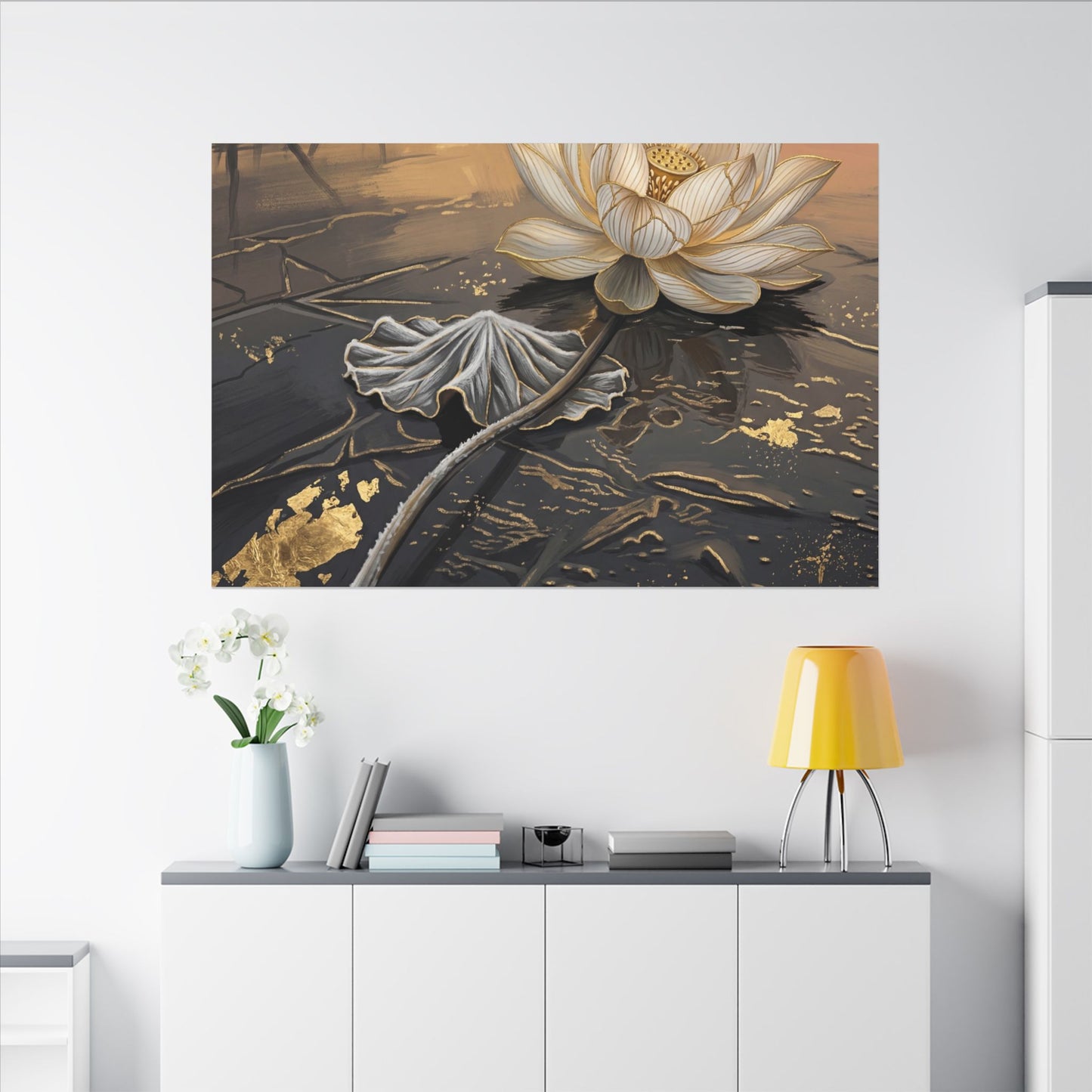 Kintsugi Lotus Flower in Golden Hour | Gold Vein Canvas Art