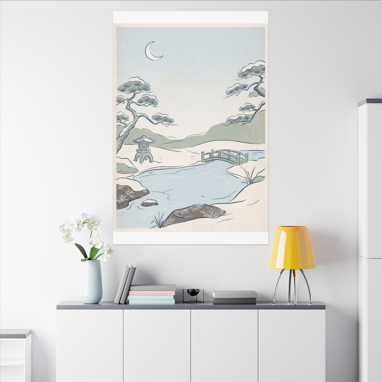 Japandi Moonlit Garden in Moonlight | Minimal Line Canvas Art