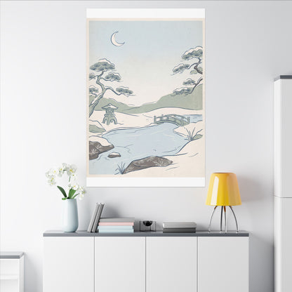 Japandi Moonlit Garden in Moonlight | Minimal Line Canvas Art