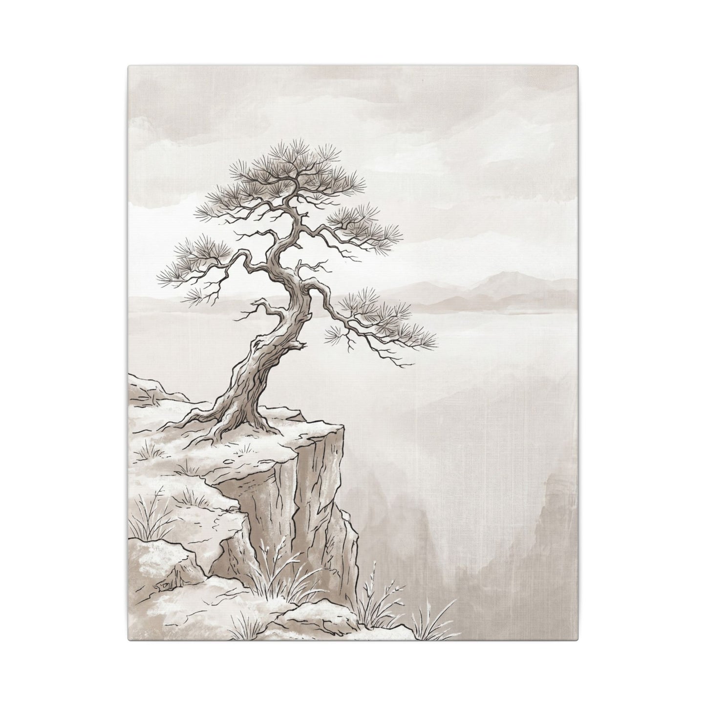 Neutral Pine Tree Canvas Art - Minimal Line Japandi