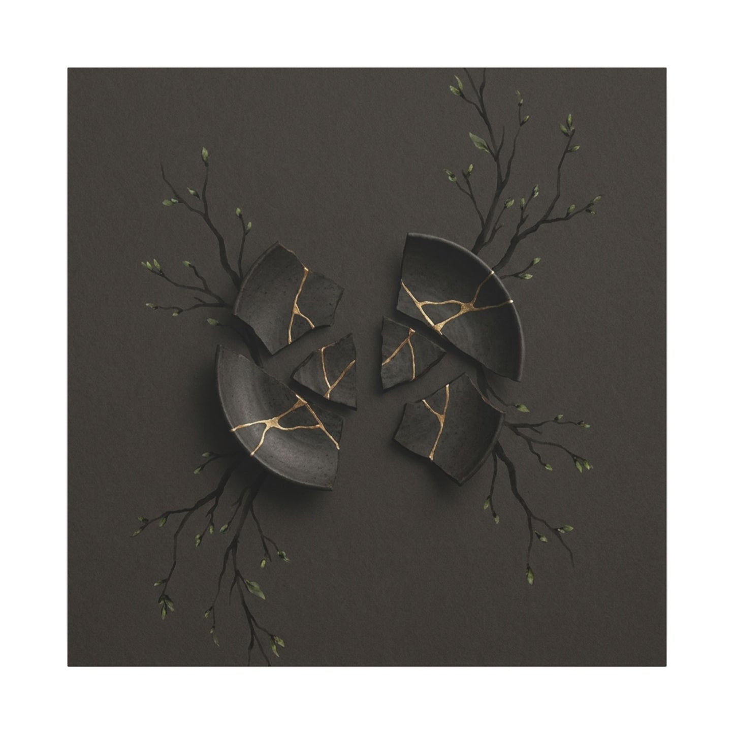 Sophisticated Broken Pottery Canvas Art - Charcoal Ink Dark Japandi