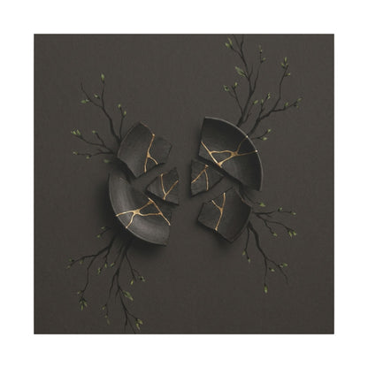 Sophisticated Broken Pottery Canvas Art - Charcoal Ink Dark Japandi