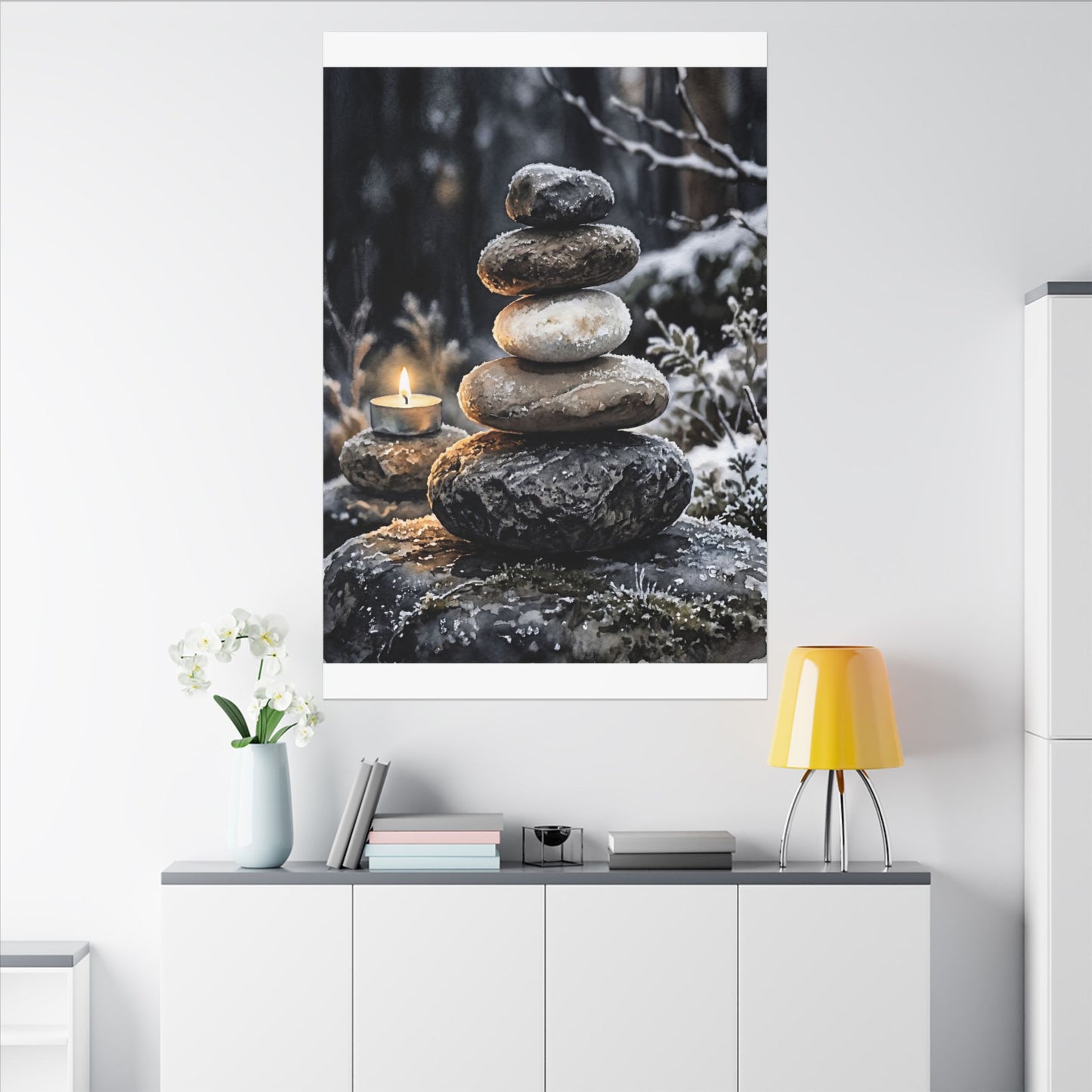 River Stones Canvas Art | Winter Japandi Watercolor Art