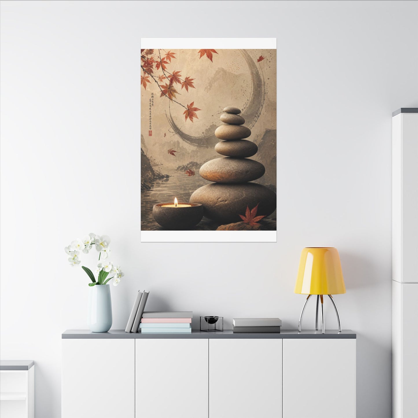 Japandi River Stones in Candlelight | Japanese Pattern Canvas Art