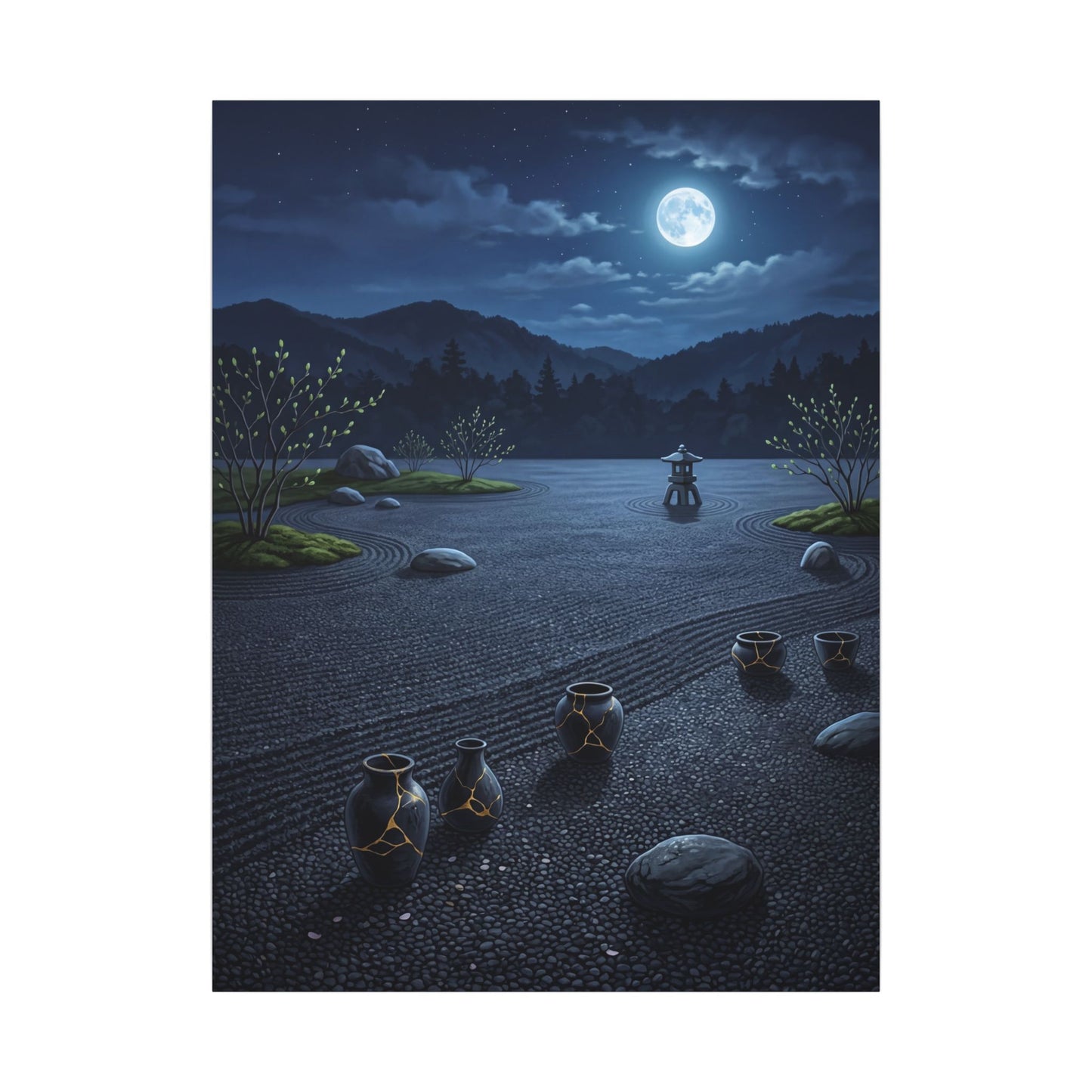 Kintsugi Moonlit Garden in Moonlight | Gold Repair Canvas Art