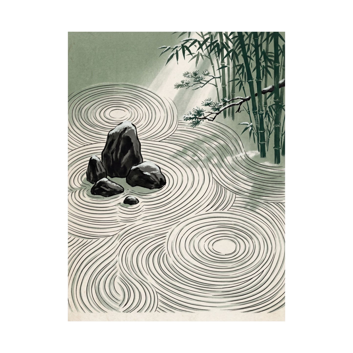 Winter Rock Garden Ukiyo E Inspired Wall Art Print | Calm Decor