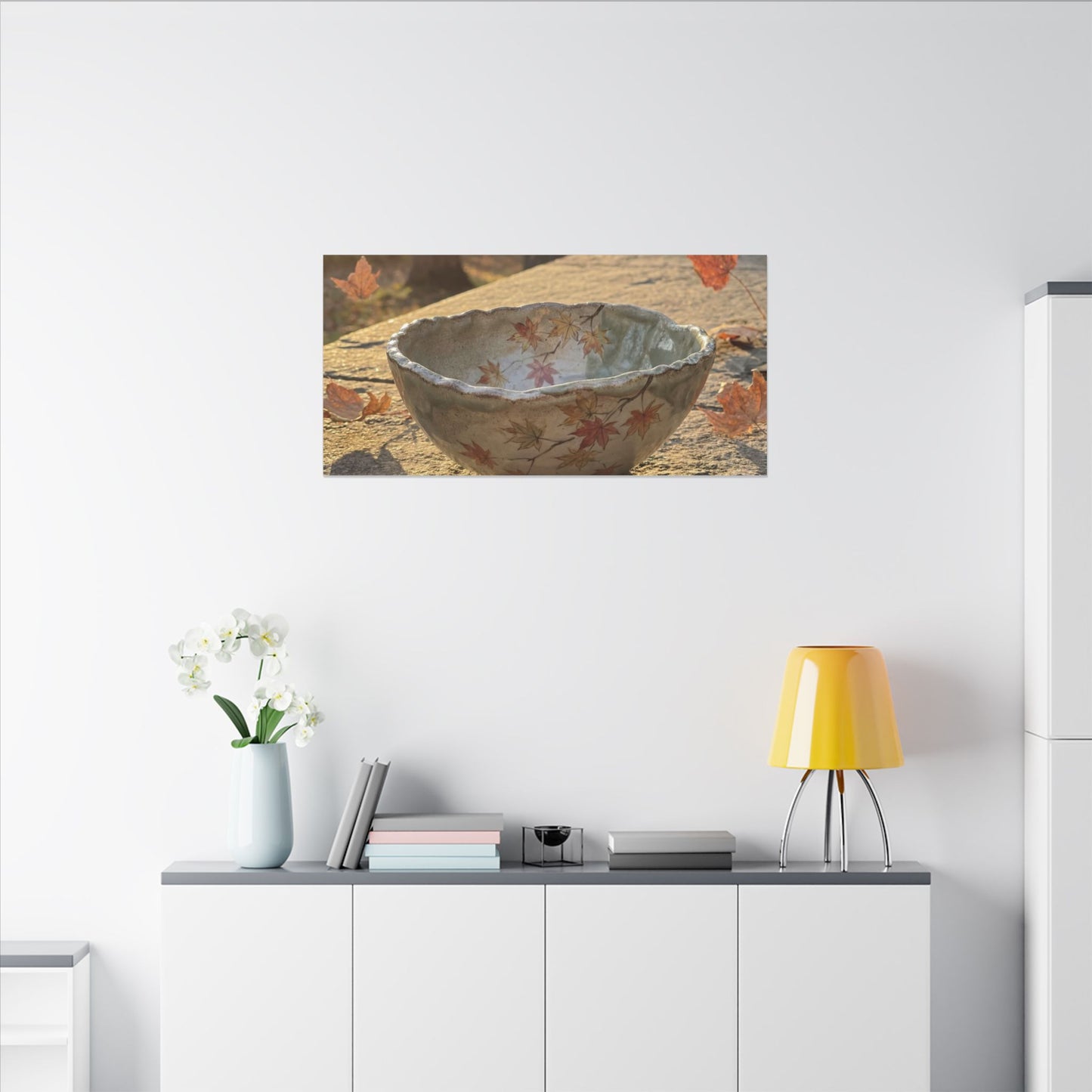 Japandi Ceramic Bowl in Golden Hour | Japanese Pattern Canvas Art