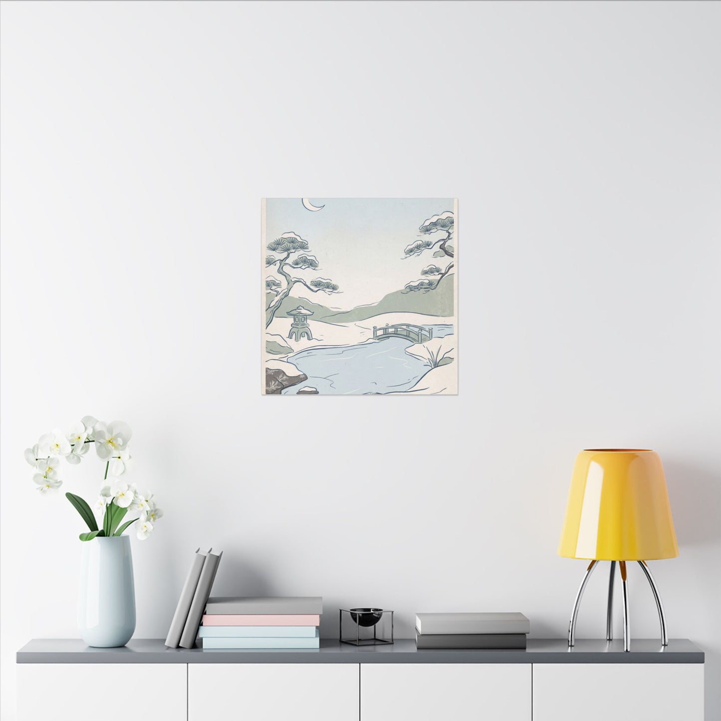 Japandi Moonlit Garden in Moonlight | Minimal Line Canvas Art