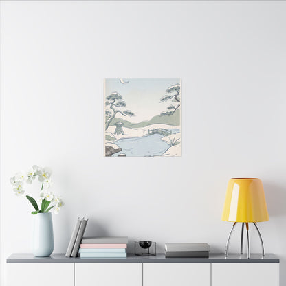 Japandi Moonlit Garden in Moonlight | Minimal Line Canvas Art