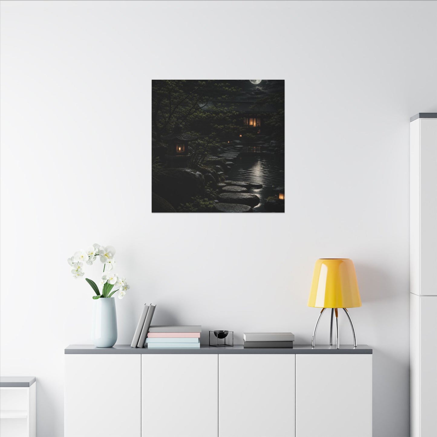 Moonlit Garden Shadow Zen Canvas Art | Sophisticated Dark Japandi Art