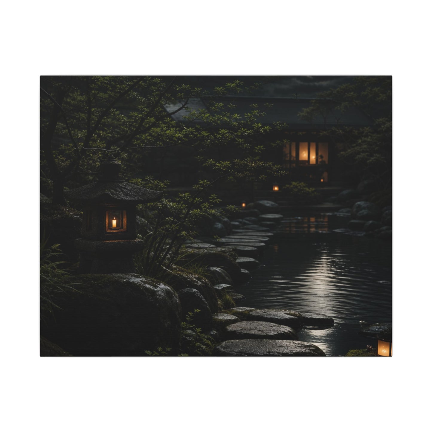 Moonlit Garden Shadow Zen Canvas Art | Sophisticated Dark Japandi Art