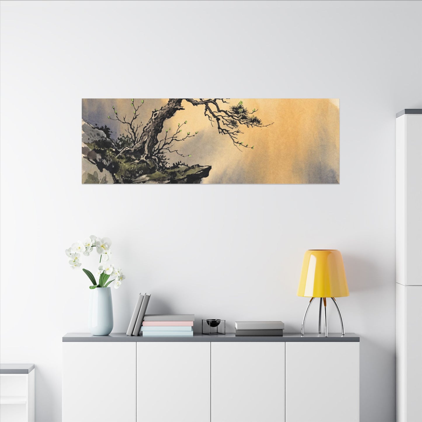 Zen Pine Tree in Golden Hour | Sumi E Canvas Art