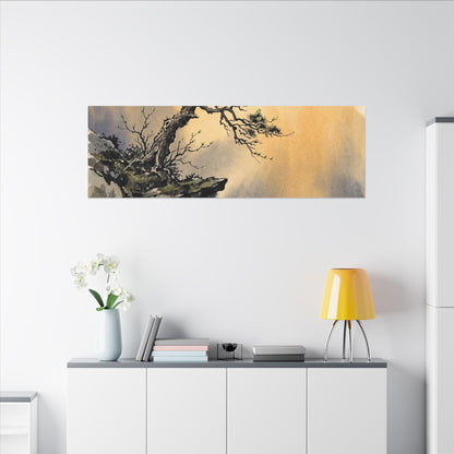 Zen Pine Tree in Golden Hour | Sumi E Canvas Art