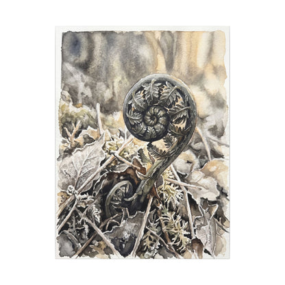 Japandi Fern Unfurling in Golden Hour | Watercolor Canvas Art