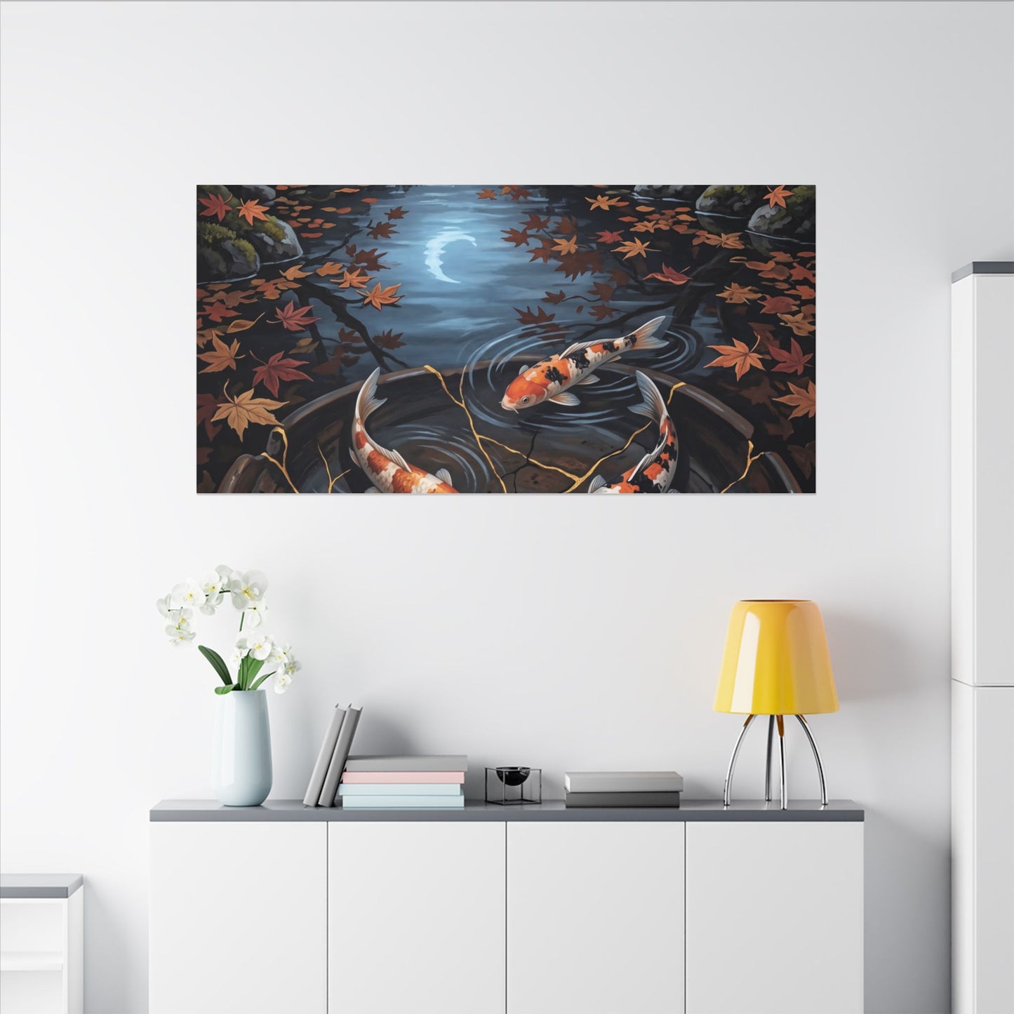 Koi Pond Canvas Art | Autumn Kintsugi Gold Repair Art