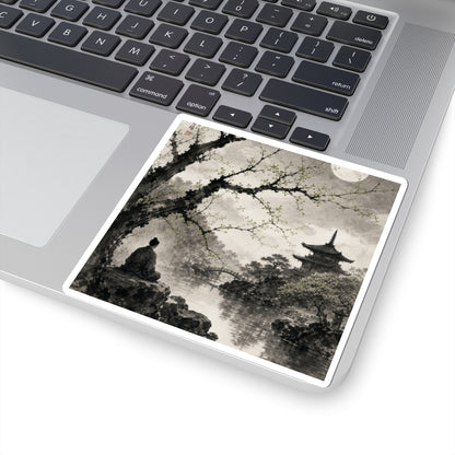 Zen Moonlit Garden in Dawn | Sumi E Sticker