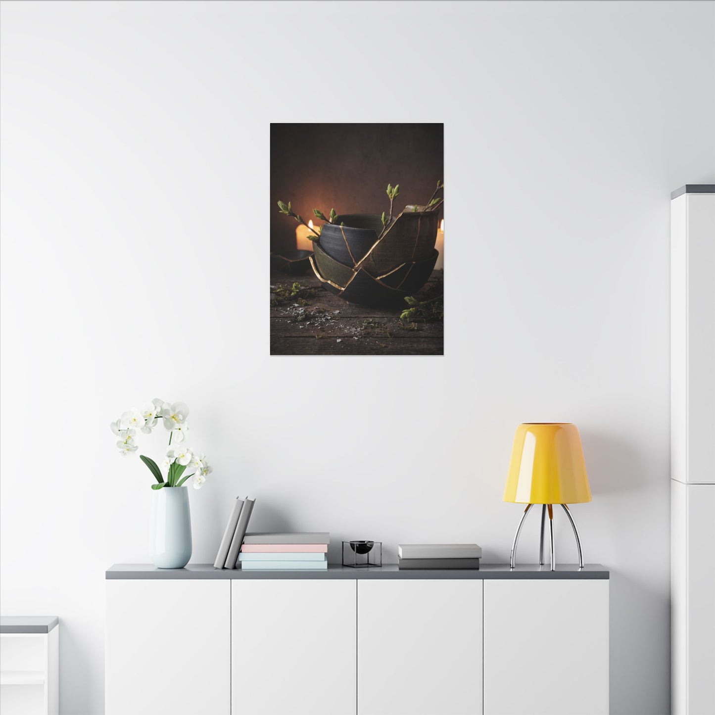 Broken Pottery Spring Canvas Art | Dark Japandi Luxurious Design