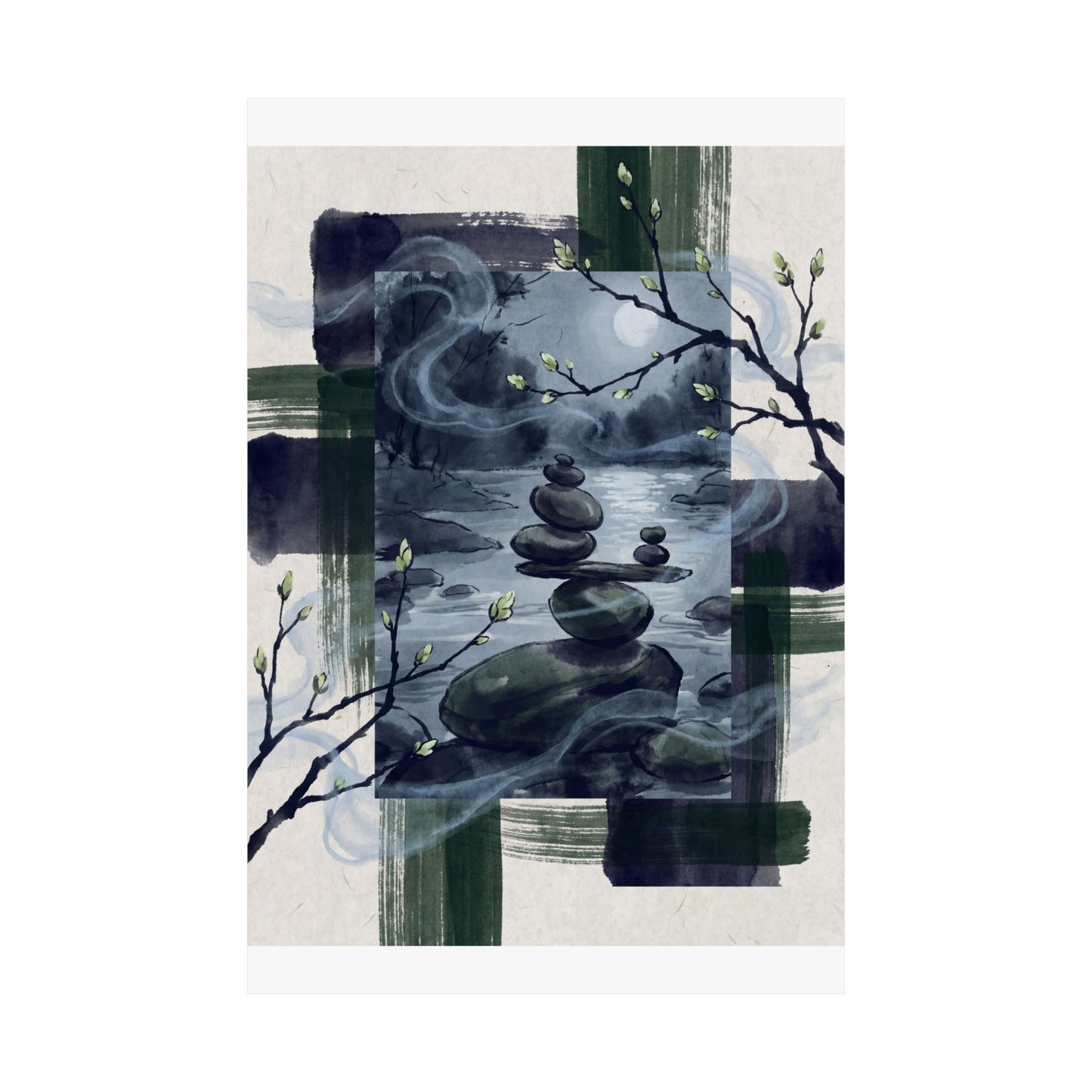 River Stones Wall Art Print | Spring Zen Sumi E Art