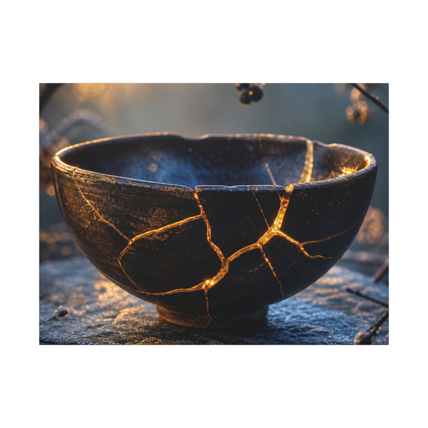 Ceramic Bowl Canvas Art | Winter Kintsugi Gold Repair Art