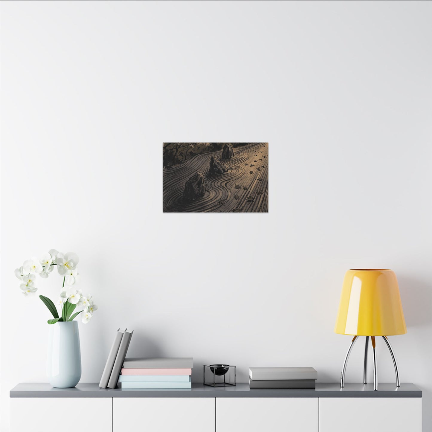 Rock Garden Canvas Art | Autumn Dark Japandi Charcoal Ink Art