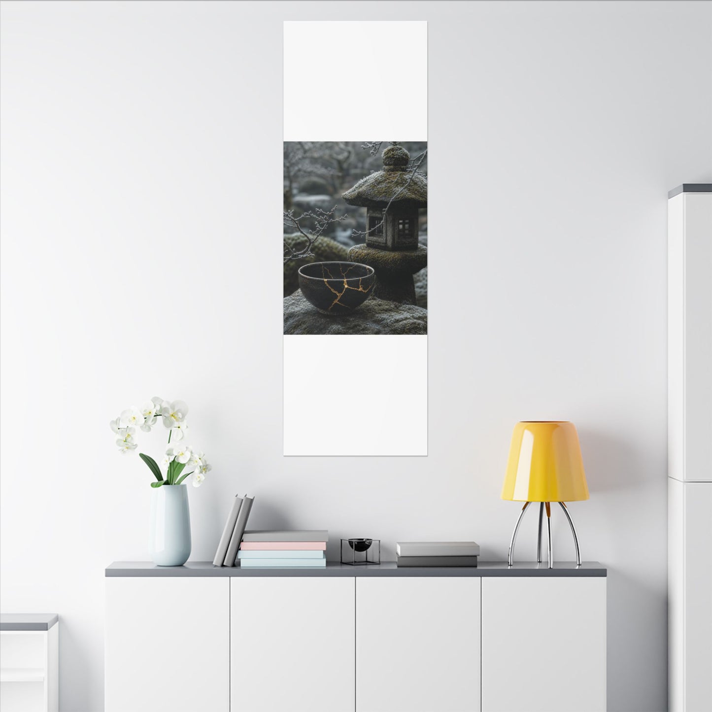Stone Lantern Canvas Art | Winter Kintsugi Gold Repair Art