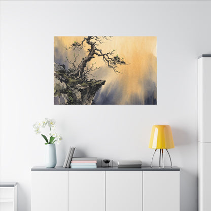 Zen Pine Tree in Golden Hour | Sumi E Canvas Art