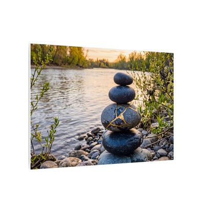 Kintsugi River Stones in Golden Hour | Gold Vein Canvas Art