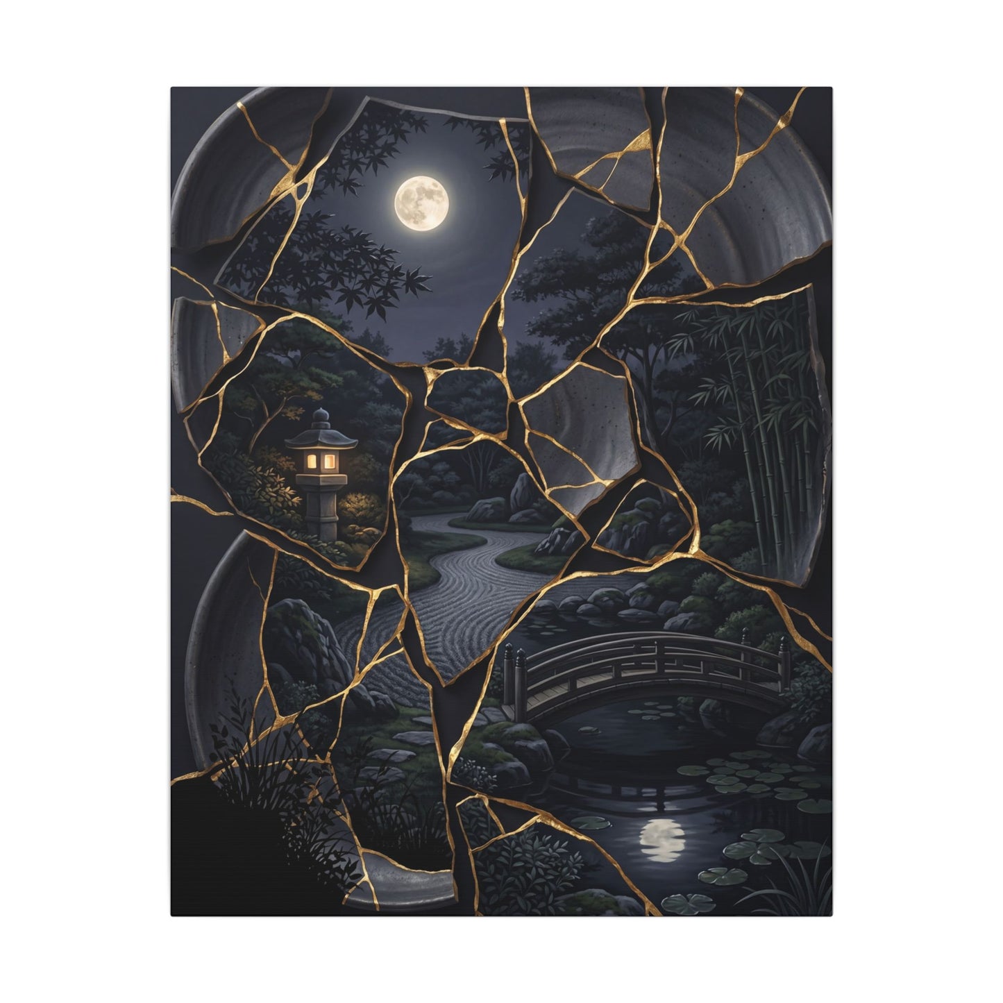 Kintsugi Moonlit Garden in Golden Hour | Gold Repair Canvas Art