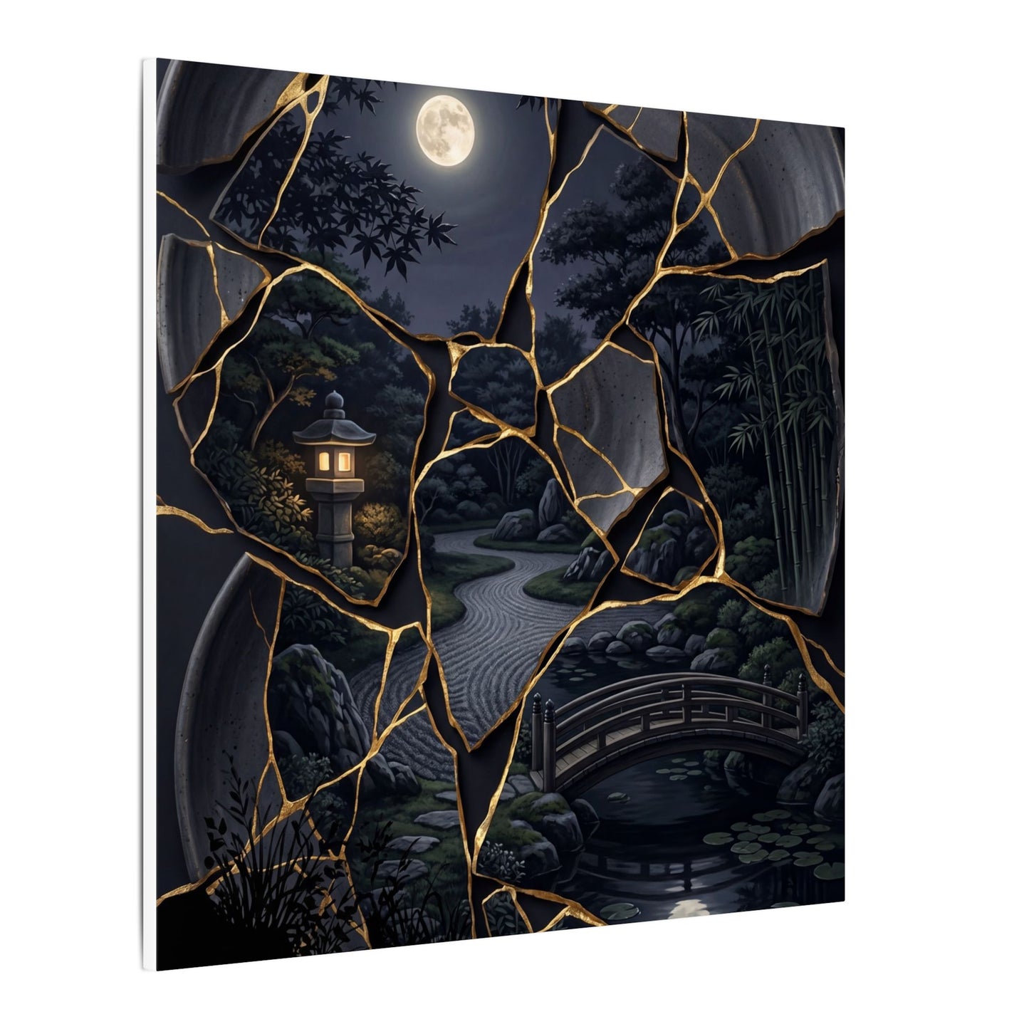 Kintsugi Moonlit Garden in Golden Hour | Gold Repair Canvas Art