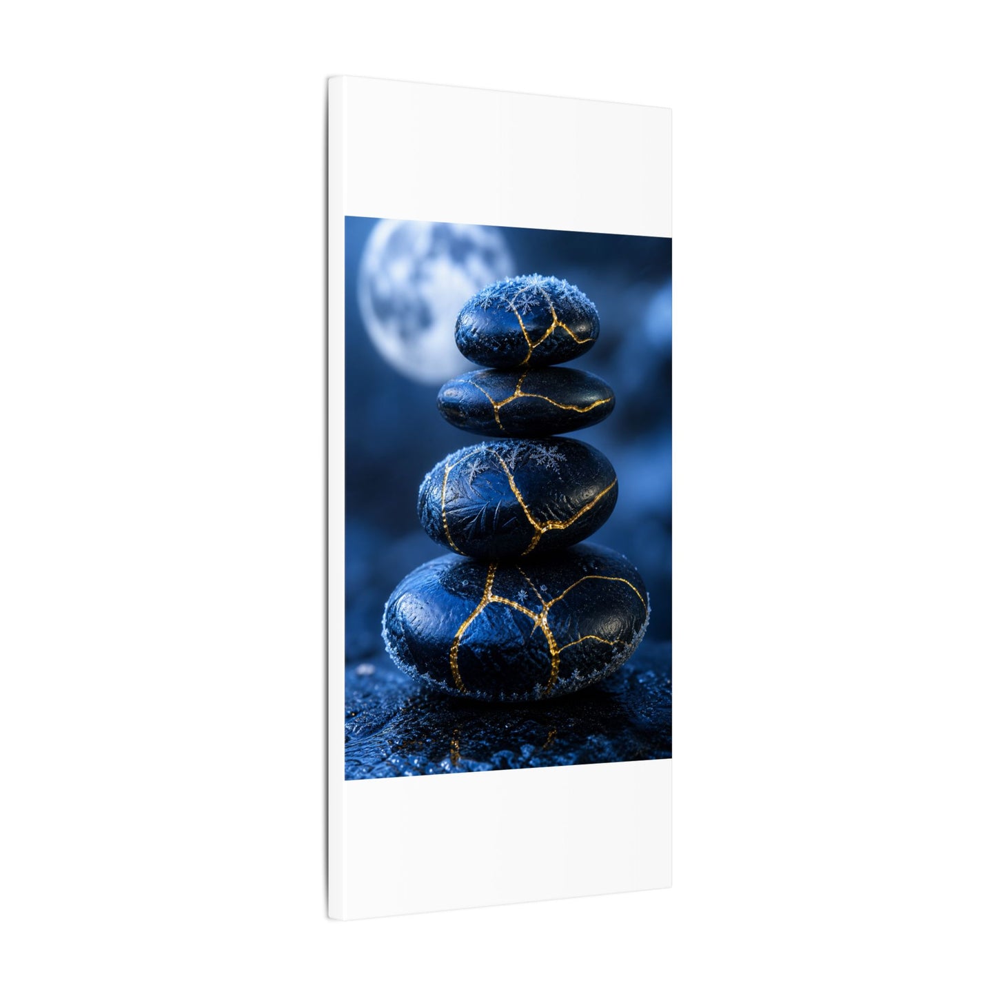 River Stones Canvas Art | Winter Kintsugi Gold Repair Art